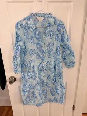 Lilly Pulitzer Light Blue and Navy Seashell Print Shirt Dress